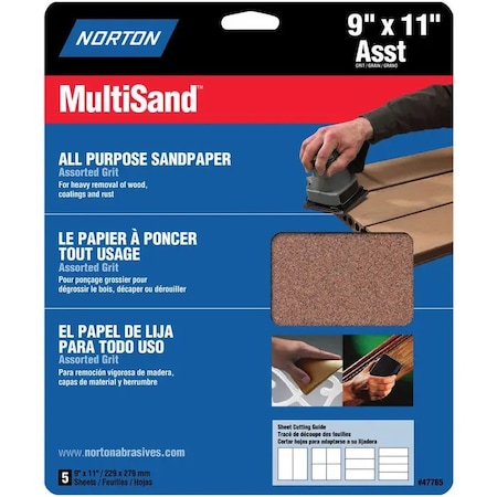 Norton Co 9" x 11" MultiSand All Purpose Sanding Sheet Assorted, PK 5 47765